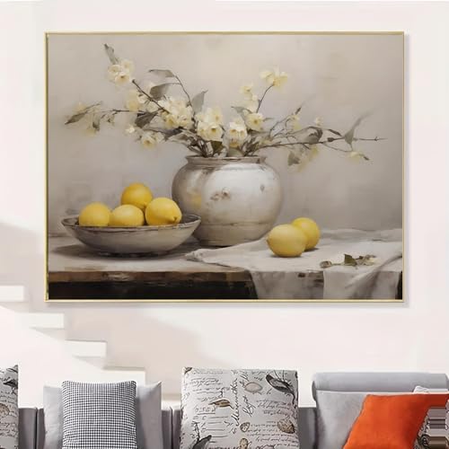 Impression sur toile grand format décoration murale salon fleurs citrons - 3
