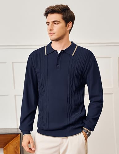 Cotrasen Mens Sweater Polo Long Sleeve Casual Collared Button