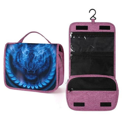 Blue Flames Tiger - Beauty case da viaggio da donna, con gancio per shampoo