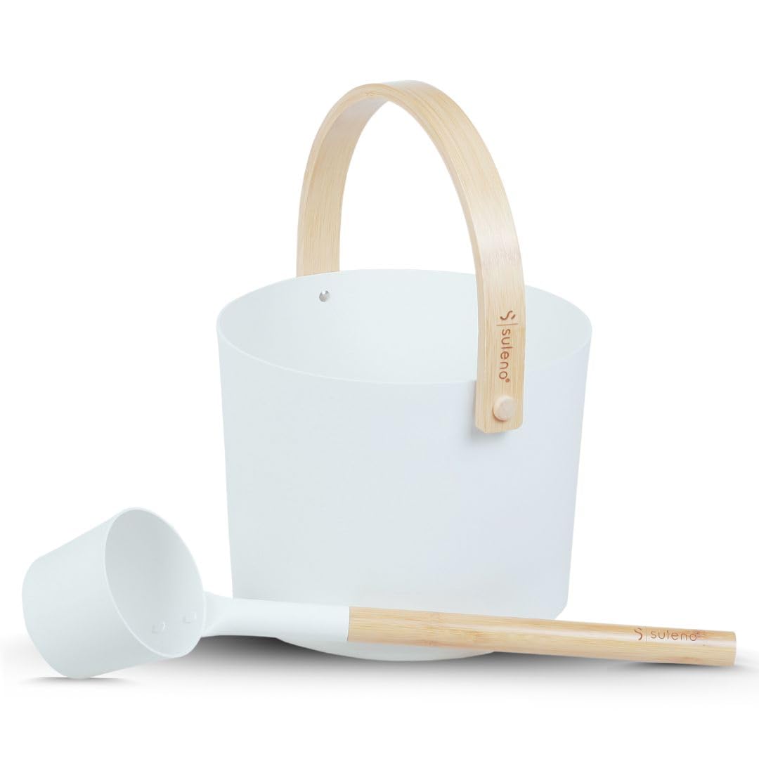 SULENO Sauna Set KJELL Metall 2-teilig Saunakübel & Saunakelle | Hochwertiges Saunazubehör in weiß Aufgusskübel & Schöpfkelle für perfekte Saunasitzungen, Eimer, Saunaeimer