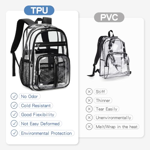 Image of Extra Large Clear Backpack Heavy Duty for Adults, XL TPU 18in Black Bookbag | See Through Stitch durable plastic Multi-Pocket Design For School Adults work Warehouses Airport security,check events