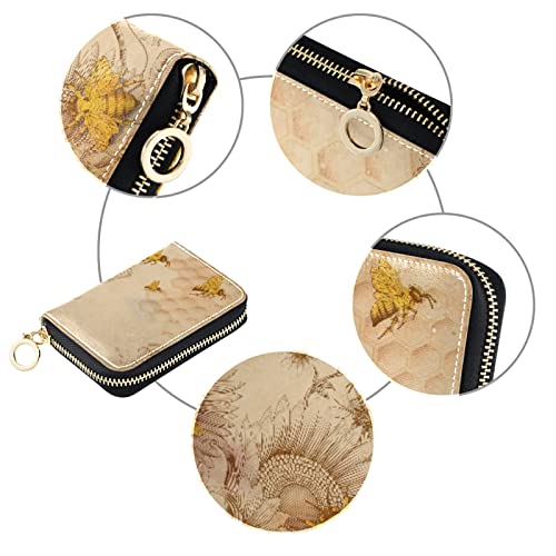 OTVEE Retro Honey Bees Wildflowers RFID Credit Card Wallet, Microfiber Leather Zipper Card Case Holder for Women3