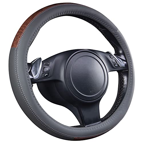 Car Pass Wood Grain Microfiber Leather Steering Wheel Cover, Universal Fit For 14 1/2-15 Inch Gray Steering Wheel, Anti-Skip Veins Design,Trucks, Suvs,Vans, Sedans (Gray) #TOP6