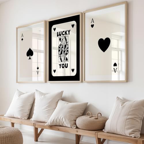 Image of NoWorries Playing Cards Wall Framed Painting Set | Lucky Card Art & Heart Ace Posters Frames | Premium 300 GSM Paper Print with Synthetic Wooden Frame | Minimal Black & White Aesthetic Wall Decor for Living Room & Bedroom (Pattern-illustration) (Set of 3) (NATURAL, ART-5, 10X13INCHES)