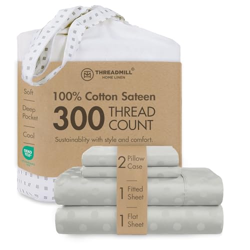 Image of Threadmill 300TC Cotton Full Sheet Set, Sateen, Jacquard, Light Grey | 100% Cotton, Sateen Weave, Jacquard Pattern, 4-Piece Set, 16 inch Deep Pocket, Cooling, OEKO-TEX Certified, Machine Washable