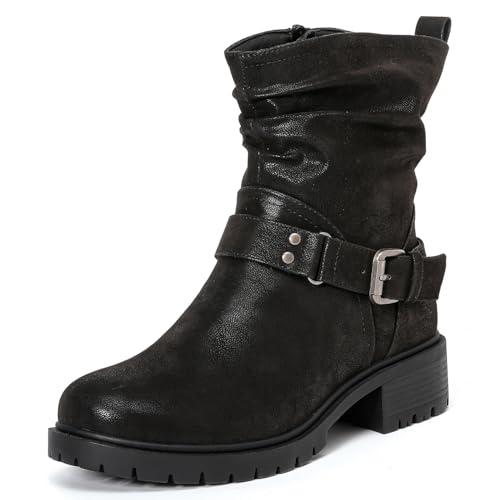 Luoika Women's Wide Width Ankle Boots - Low Heel Side Zipper Slouchy Mid Calf Boots Short Booties. 231210 Blackpu 8.5xw