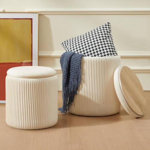 The Artment your artistic apartment Mono Duo Storage Ottomans Set of 2, Round Velvet Foot Stool with Hidden Storage, Ribbed Upholstered Vanity Seat, M