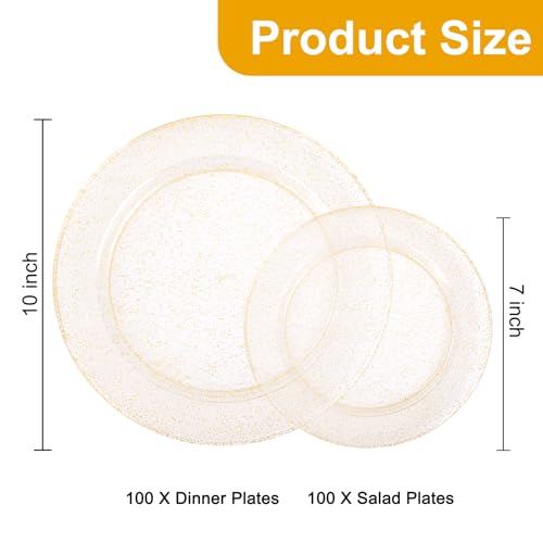 Image of 200 Pcs Gold Glitter Plastic Plates - Disposable Party Plates, Gold Glitter Disposable Plate Include 100 Dinner Plate and 100 Dessert Plate, Plastic Plate for Party, Holiday, Wedding & Birthday