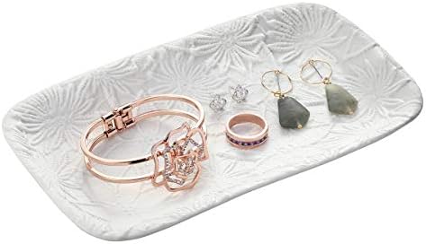 Emibele Jewelry Organizer Vanity Tray, Bathroom Kitchen Dresser Ceramic Tray with Sculptured Pattern, Jewelry Dish Ring Holder Display Trinket Cosmetic Organizer Dessert Plate Home Decor, White