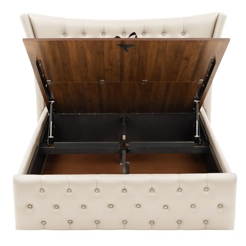 Image of Wakefit Bed | Queen (78 X 60) Solid Wood Bed, Upholstered, Hydraulic, 3 Year Warranty | - Lovejoy - Beige