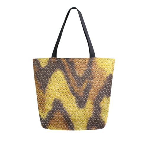 Extra Large Shoulder Tote Bag for Beach Travel Weekender Gym Yellow Brown Snake Skin Print Pattern Reusable Grocery Canvas Shopping Bag
