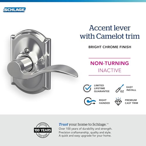 Image of Schlage Accent Lever with Camelot Trim Non-Turning Lock in Bright Chrome - Right Handed - F170 ACC 625 CAM RH