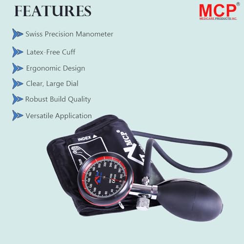 Image of MCP Healthcare Palm Type Aneroid Blood Pressure Monitor Sphygmomanometer with Latex-Free Cuff - Professional Manual BP Monitor for Accurate Readings (Black)