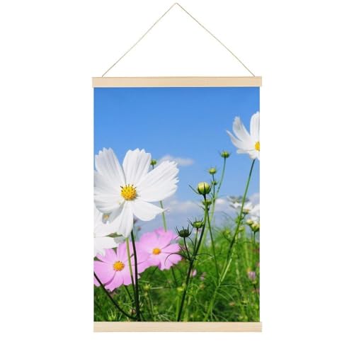 FodPand Pink And White Flowers Magnetic Poster Hanger Wooden Magnet Hanging Canvas Wood Magnet Frames Hanging Poster Hanger Frame for Bedroom Living Room Dormitory