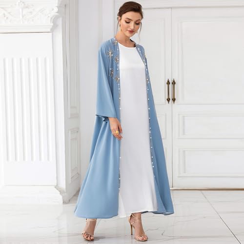Muslim Abaya Long Sleeve Open Front Rhinestones Kaftan Cardigan Maxi Dress for Women with Belt4