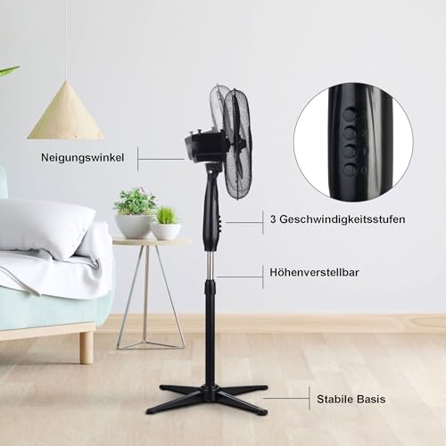 EXTRALINK Standventilator 40 cm – Leiser Bodenventilator 3 Geschwindigkeiten, Oszillation, Neigungsverstellung & 3 Rotorblättern – Kompakter Ventilator für Schlafzimmer, Büro & Zuhause – 45W Schwarz