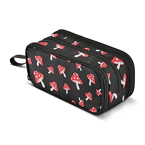 Image of Mushroom Cartoon Pencil Case Big Capacity Handheld 3 Compartments Pencil Pouch Portable Large Storage Canvas Pencil Bag for Boys Girls Adults Students