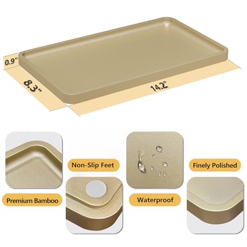 Image of Weenson Gold Bathroom Vanity Tray for Countertop Decor Perfume Makeup Toiletries Toilet Tank, Large Bamboo Kitchen Tray for Spice Salt, Serving Tray for Food Coffee, Nightstand Candle 14.2 inchx8.3 inch