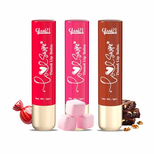 Image of Glam21 Love Swipe Tinted Lip Balm | Lip Care with Vit-C, HA, Ceramide & SPF 30 | Hydrates, Protects & Nourishes for Soft, Radiant Lips All Day | 3gm Each (Candy Red, Pink Marshmallow & Brownie Fudge)