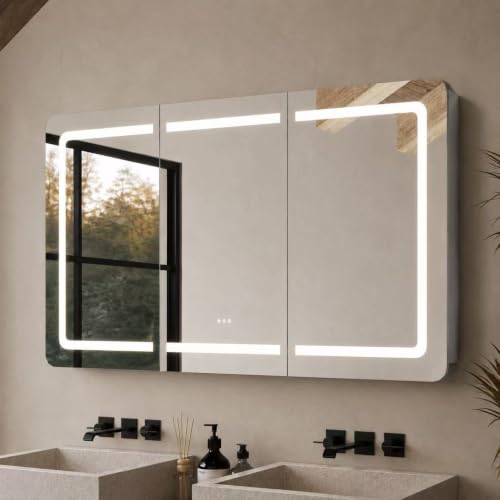 Armario-espejo LED para baño de 60" x 32", 3 puertas | Montaje en pared o empotrado, iluminación regulable frontal y función antivaho, estantes ajustables, diseño moderno en aluminio miniatura 1