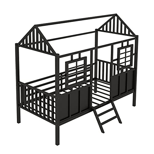 Twin Size House Loft Beds Metal Low Loft Bed Frame Kids Playhouse Loft Bed With Fence Railings Black Cabin Beds For Girls Boys Teens, No Box Spring Needed #TOP2