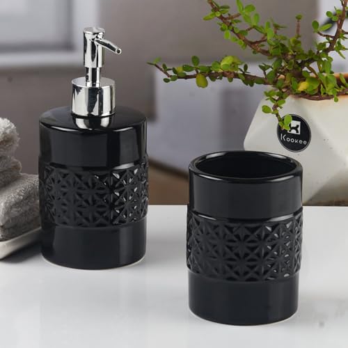 Image of Kookee Ceramic Bathroom Set - Stylish 2 Piece Bath Accessories Kit with Soap Dispenser, Toothbrush Holder - Modern & Designer Decor for Home & Guest Bathrooms, Black (11109)