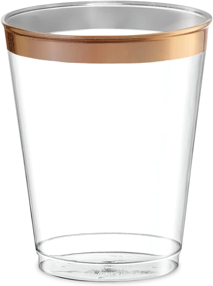 PLASTICPRO Disposable 8 oz Crystal Clear Plastic Tumblers With Rose Gold Rim for Party's & Weddings pack of 100