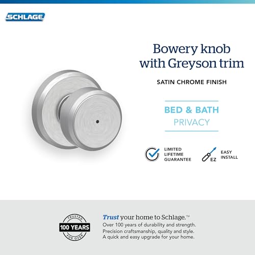 Image of SCHLAGE F40 BWE 626 GSN Greyson Collection Bowery Privacy Lock Knob, Satin Chrome