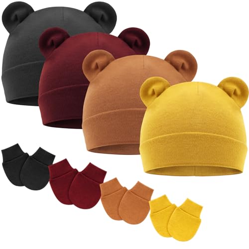 Image of AQOKKA Newborn Baby Bear Ear Hat and Mitten Sets No Scratch Infant Cotton Beanie Gloves Newborn Hospital Hat for Boy Girl