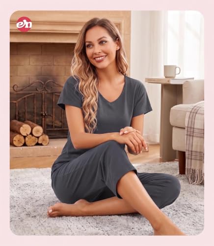 Image of ENJOYNIGHT Womens Pajama Sets Cotton Pj Set Short Sleeve Top With Capri Pants Sleepwear 2 Piece Lounge Set