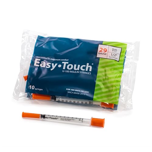 Image of Easy Touch 29 Gauge U-100 Insulin Syringes (29G 1cc 1 /2 inch) with 1 /2 inch Long Needle, 1cc (100 Unit Capacity), Bold Markings for Accurate Dosing, Disposable, Box of 100