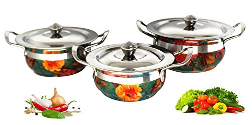 SQUARO Stainless Steel Muti Color & Multi Design Handi Set Induction & Gas Stove Friendly Cook and Serve Handi Set Set with Lids (Set of 3 Pcs, Muti Color & Design – As Per Available)