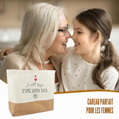 Tarklanda Cadeau Tata Sac Jute Tote Bag Femme, Sac Cabas de Plage Courses Coton et Jute, Cadeaux pour Tata Annonce Grossesse Tante, Cadeau pour Anniversaires, Fête des Mères – vue 6
