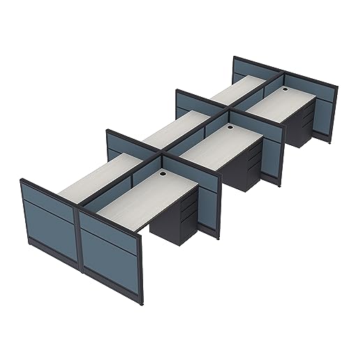 6 Person Call Center Powered Cubicles Setup with Storage | Small Powered Cubicle Workstations | Emerald Cubicle Collection | 3x5x39H | Office Call Centers Layouts | Custom Sizes & Colors - Sea Salt