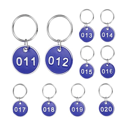 PATIKIL 10 etiquetas numéricas del 11 al 20, etiquetas numéricas de aluminio, llavero de metal con llaveros para organizador, perchas de ventas de campo, etiquetas de ropa, identificación, color azul
