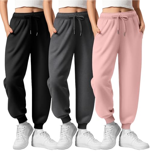 3 Pack Joggers for Girls Kids Sweatpants Ribbed Cuff Elastic Waist Drawstring Fall Casual Teen Pants with Pockets