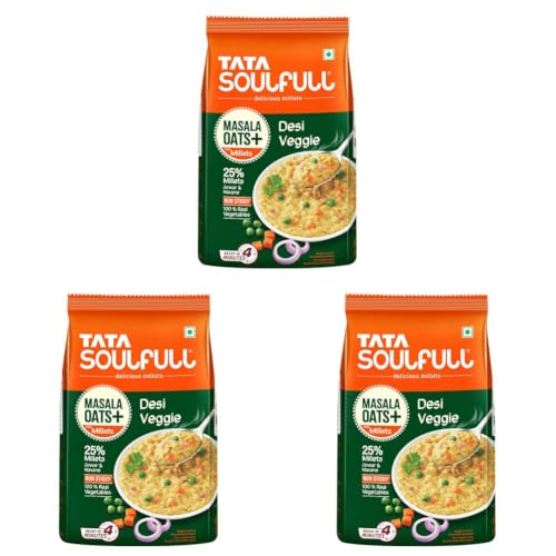 Image of Tata Soulfull Masala Oats+ With Millets, Desi Veggie, 500g, Real Vegetables, 25% Millets, Non Sticky, Evening Snack, Healthy Snack (Pack of 3)