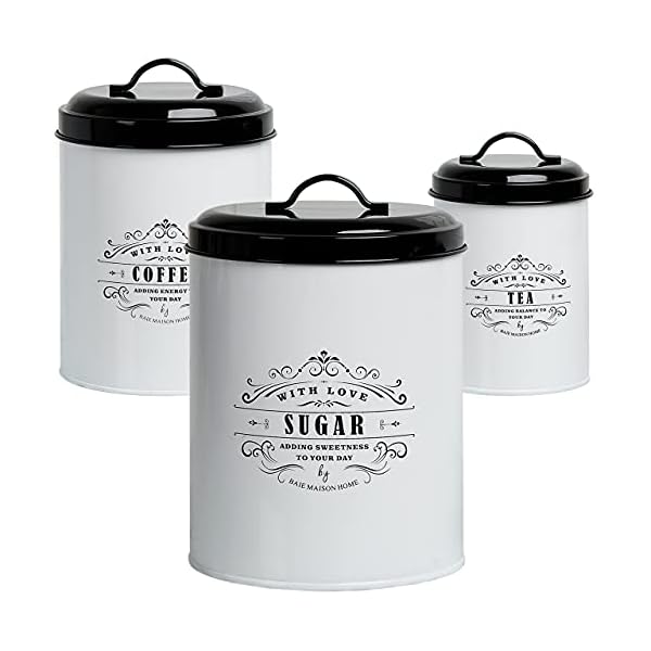 Baie Maison Large Kitchen Canisters Set of 3 - Farmhouse Canister Sets for Kitchen Counter White - Coffee Tea Sugar Container Set - Rustic Kitchen Canisters Farmhouse Style Decor - Metal Kitchen Jars