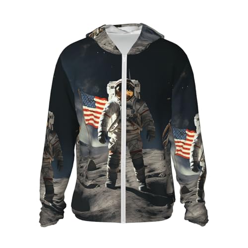 UPF 50+ Sun Protection Hoodie Long Sleeve Astronaut Landing on The Moon Sun Shirt Rash Guard Fishing Shirts for Men