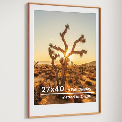 RICHFOCUS 27x40 Picture Frame USA-Sourced Natural Cherry Solid Wood Photo Frame Handcrafted Rounded Corner Wodden Frame with Real Glass Display Photos 24x36 with Mat or 27x40 Without Mat
