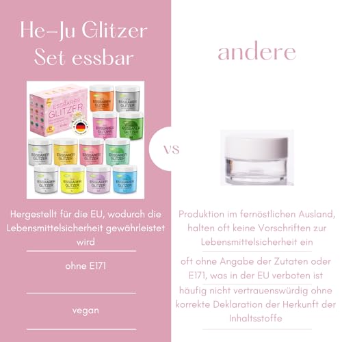 He-Ju Essbarer Glitzer für Getränke und Lebensmittel 12 x 3g Edible Glitter, OHNE E171, Vegan, Glutenfrei, Laktosefrei, Zuckerfrei - Perfekter Essbarer Glitzer für jeden Anlass