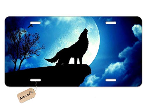 Amcove Wolf Metal Novelty License Plate Tag for Cars,The Full Moon Wolf License Plate Aluminum Metal License Plate Car Tag Novelty Home Decoration for Women Girls Men Boys 6 inch X 12 inch