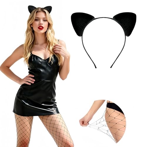 joonnair Bandeau Oreilles de Chat et collant resille noir, oreilles de chat, Taille Haute Filets Bas Résille, Jeu de rôle élégant Convient pour Halloween...