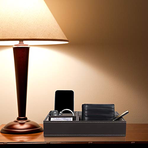 Belle Vous Brown Faux Leather 5 Compartment Valet Dresser/Nightstand Organiser Tray - Desk Storage Box For Wallet, Phone, Keys, Jewellery, Men's Accessories, Money, Cufflinks- Catchall Box for Bedside