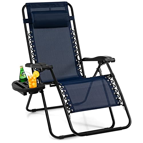 Image of GIANTEX Zero Gravity Reclining Chair, Outdoor Patio Recliner with Cup Holder & Removable Pillow, Adjustable Backrest, Indoor Lounge Chair for Backyard, Garden, Poolside (Navy)