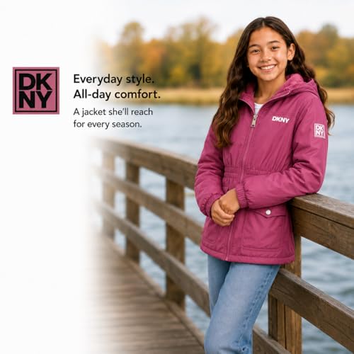 Image of DKNY Girls Midweight Jacket - Cozy Sherpa Fur Lined Water Resistant Hooded Anorak Windbreaker Zip Up Jacket for Girls