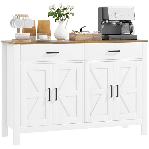 HOMCOM Credenza da Cucina con 2 Cassetti e 2 Armadietti, Mobile Buffet Stile Rustico con Mensole Regolabili per Salotto e Soggiorno, Bianco