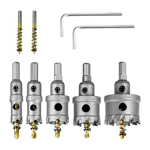 SALI 5PCS TCT Carbide Hole Saw Kit for Hard Metal 5/8"-1-3/4"(16/20/30/35/45mm) Tungsten Carbide Tipped Hole Cutter Set including Titanium-Plated Pilot Drill bit for Metal Stainless Steel