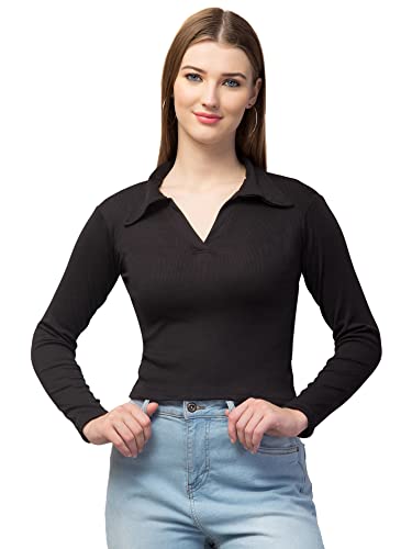 Image of Ribbed Polo Collar Full Sleeves Tops for Women