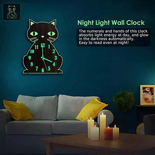 Horloge murale lumineuse chat en bois marron phosphorescente - 6